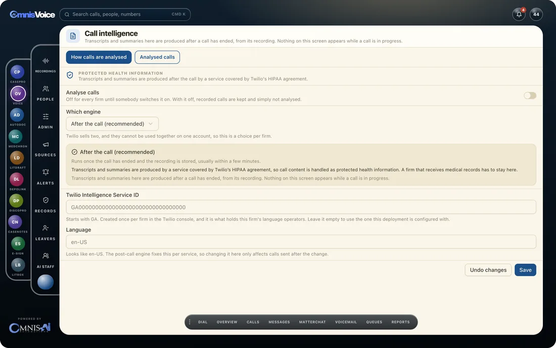 The Omnis Voice call intelligence settings
