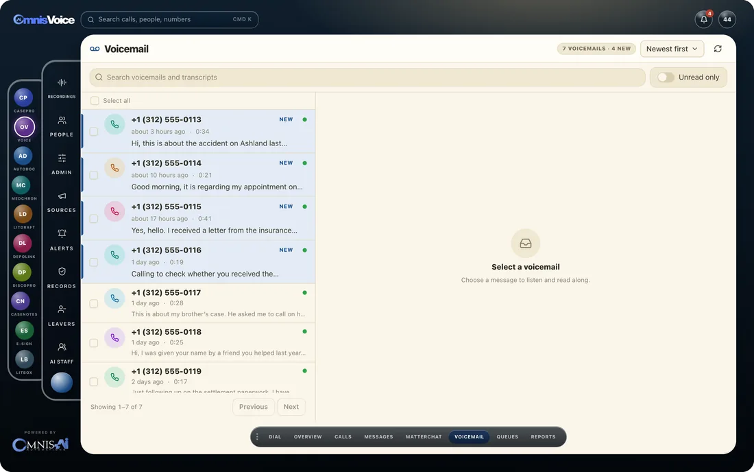 The Omnis Voice voicemail box with transcribed messages