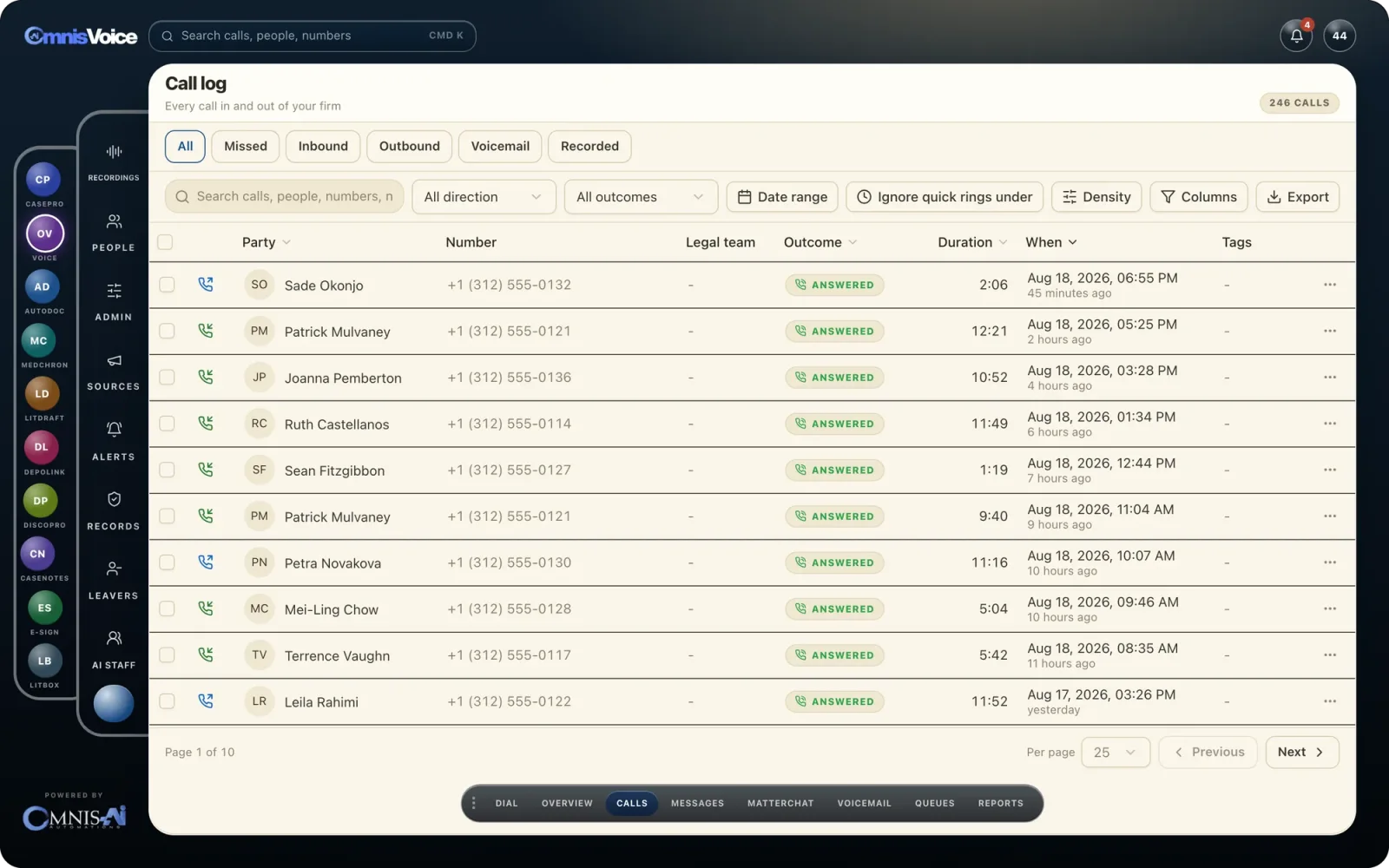 The Omnis Voice call log: every call in and out of the firm, with outcome, duration and time